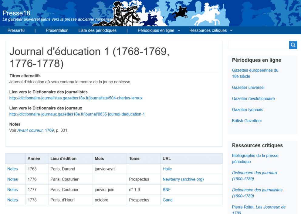 Capture écran Journal d’éducation sur Gazetier universel